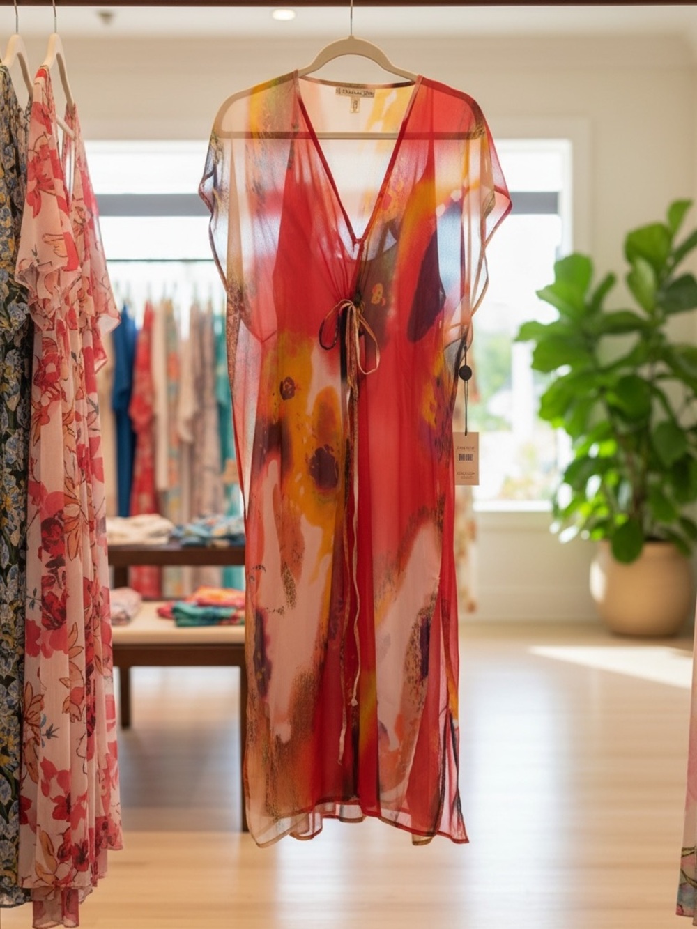 Michael Stars silk-like abstract Watercolor Sheer caftan in Red, Yellow, White